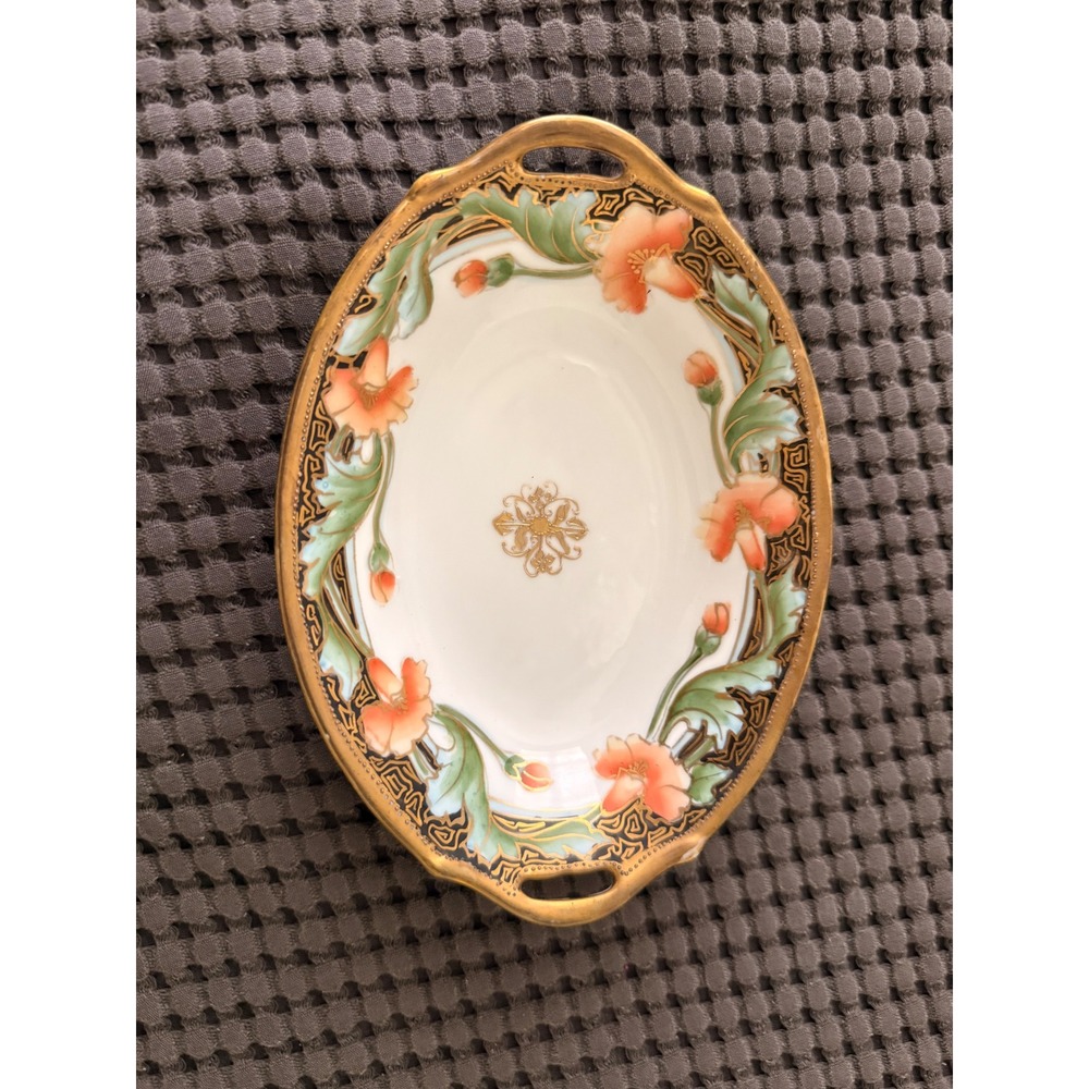 Noritake Antique Hand Painted Poppy Porcelain Nut Bowl Gold Moriage Trinket Dish